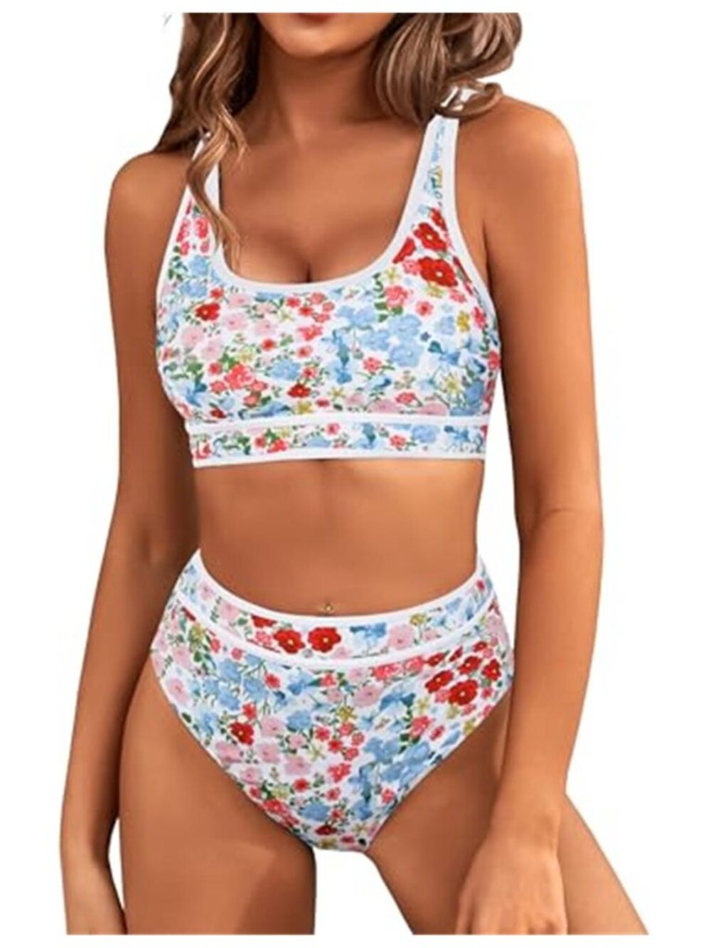 Womens High Waisted Bikini Sporty Color Block Tummy Control Swimsuit Set